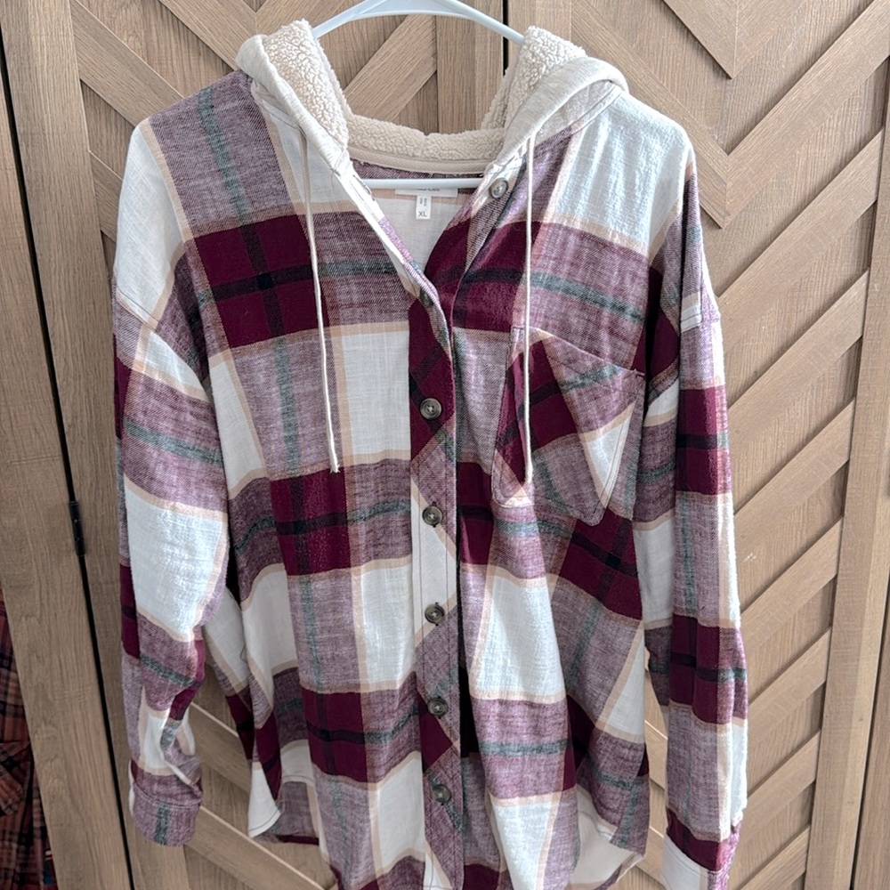 Maurices Burgundy White Plaid Button-Down Hoodie Shirt